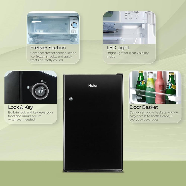 Haier 100 L 2 Star Direct Cool Single Door Mini Bar Refrigerator with Chiller Freezer Box, LED Light for Clear View, Lock & Key and Easy Clean Back (HRD-1252KSA, Black Steel, 2026 Model)