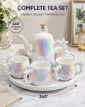 Imported Luxury Ceramic Tea Kettle Set with 6 Cups & 360° Rotating Serving Tray | Premium Iridescent Porcelain Tea Set for Home, Office & Gifting-Black Tint & White