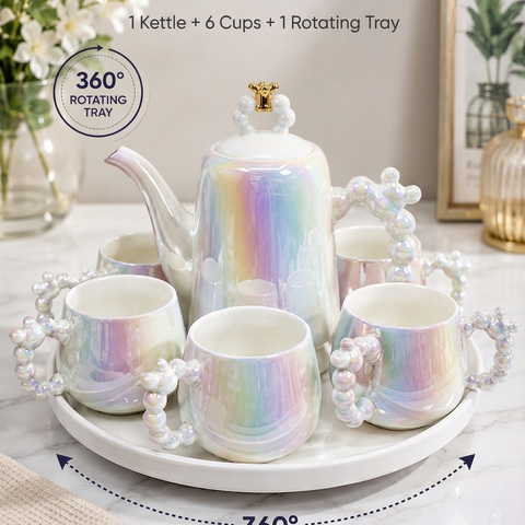 Imported Luxury Ceramic Tea Kettle Set with 6 Cups & 360° Rotating Serving Tray | Premium Iridescent Porcelain Tea Set for Home, Office & Gifting-Black Tint & White
