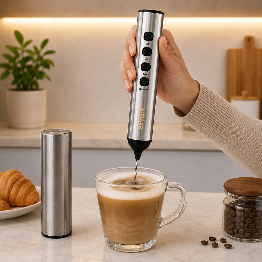 Skyline Wireless Milk Frother with 1200mAh Rechargeable Battery, 3-Speed Control, Stainless Steel Whisk & Cover, Dual Whisk Attachments, USB Type-C Charging, One-Touch Operation