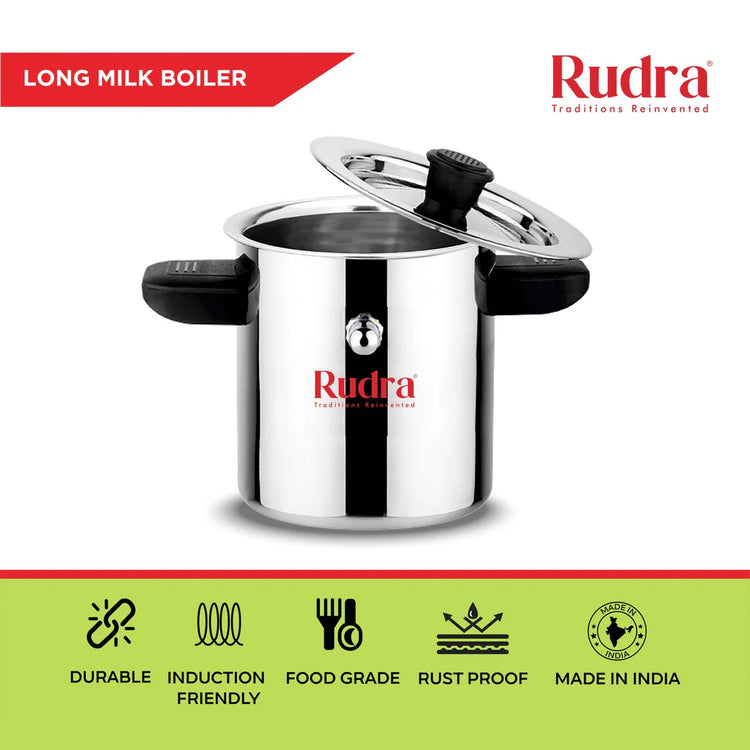 Rudra Stainless Steel Milk Boiler 2 Litre | Premium Induction & Gas Compatible Milk Heating Pot with Whistle Alert | Heavy Gauge Stainless Steel Milk Boiler for Home Kitchen