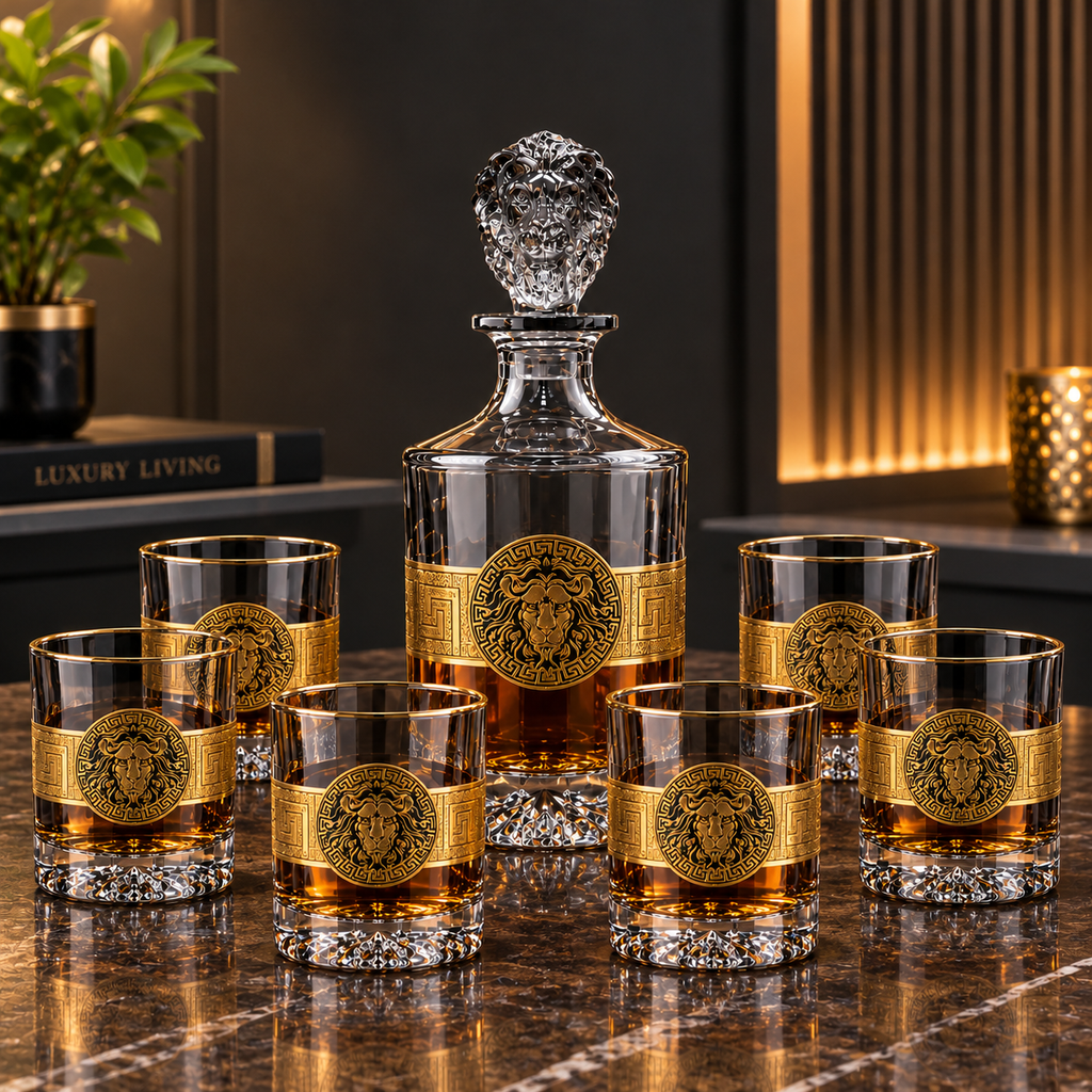 Luxury Black Tinted Lion Decanter with 6 Matching Whiskey Glasses | Premium 7-Piece Bar Set for Home & Gifting