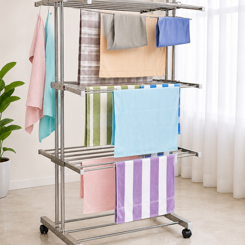 3 Tier Stainless Steel Foldable Clothes Drying Stand with Wheels | Heavy Duty Laundry Drying Rack | Multi-Layer Garment Dryer for Indoor & Outdoor Use | Rust Resistant Cloth Stand