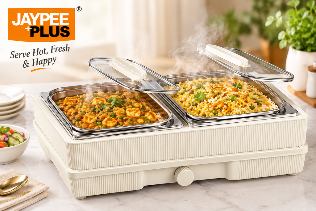 Jaypee Plus Table Valet Food Warmer & Serving Hot Plate 150W with Toughened Glass Top, Adjustable Heat Regulator & Stainless Steel Bowl Compatibility(1.8LTR each)