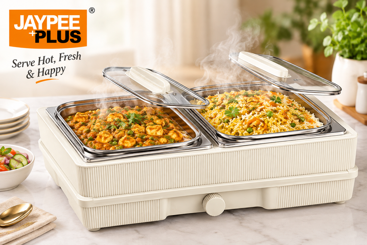 Jaypee Plus Table Valet Food Warmer & Serving Hot Plate 150W with Toughened Glass Top, Adjustable Heat Regulator & Stainless Steel Bowl Compatibility(1.8LTR each)