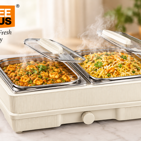 Jaypee Plus Table Valet Food Warmer & Serving Hot Plate 150W with Toughened Glass Top, Adjustable Heat Regulator & Stainless Steel Bowl Compatibility(1.8LTR each)