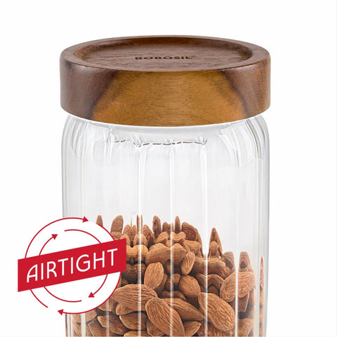 Borosil Glass Jar with Acacia Wood Lid | Borosilicate Glass Storage Jar for Dry Fruits, Spices & Snacks | Airtight Glass Container for Kitchen & Pantry-900ml