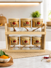 Addox 6-Piece Wooden Spice Jar Set with Bamboo Rack & Spoons | Glass Masala Storage Containers for Kitchen | Spice Organizer & Condiment Holder