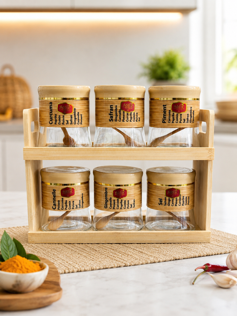 Addox 6-Piece Wooden Spice Jar Set with Bamboo Rack & Spoons | Glass Masala Storage Containers for Kitchen | Spice Organizer & Condiment Holder
