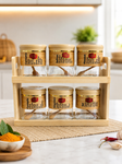 Addox 6-Piece Wooden Spice Jar Set with Bamboo Rack & Spoons | Glass Masala Storage Containers for Kitchen | Spice Organizer & Condiment Holder