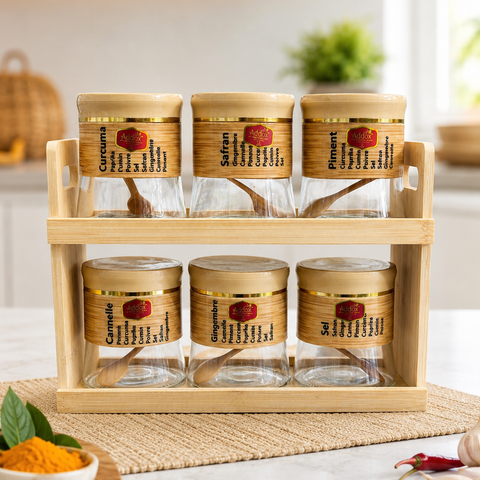 Addox 6-Piece Wooden Spice Jar Set with Bamboo Rack & Spoons | Glass Masala Storage Containers for Kitchen | Spice Organizer & Condiment Holder