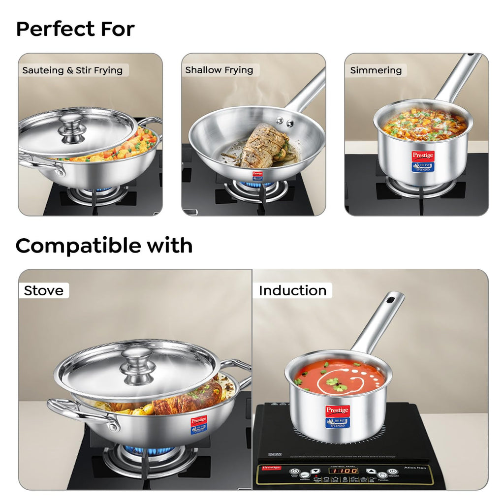 Prestige TRIPLY 4 Pc Cookware Set | TRIPLY Splendid | Fry Pan 22cm/1.9L | Kadai 22cm/2.5L | Sauce Pan 14cm/1.3L | SS Lid 24cm | Gas & Induction Compatible | Even Heat Distribution | 15Y Warranty | ISI