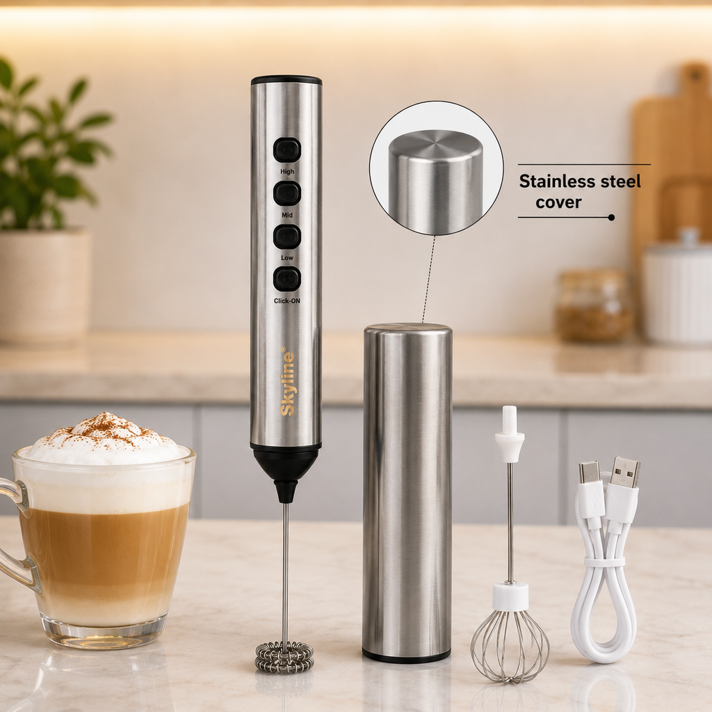 Skyline Wireless Milk Frother with 1200mAh Rechargeable Battery, 3-Speed Control, Stainless Steel Whisk & Cover, Dual Whisk Attachments, USB Type-C Charging, One-Touch Operation