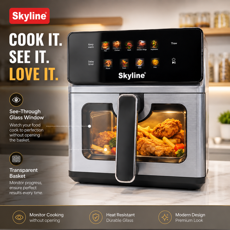 Skyline VTL-5118 7L Digital Air Fryer with See-Through Glass Window | 2000W Touch Screen Oil-Free Air Fryer | Fry, Roast, Grill, Bake | 7 Litre | 12 Months Warranty