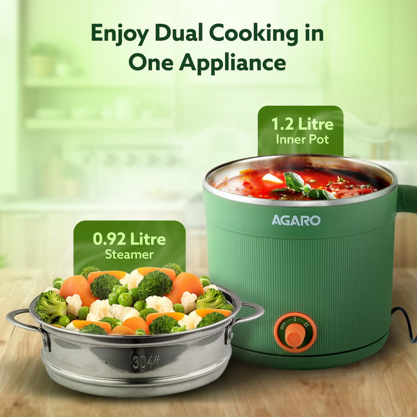 AGARO Regency Multipurpose Kettle With Steamer, 1.2L Inner Pot, Double Layered Body, Variable Temperature Settings, Wide Mouth, Boiling, Steaming, Tea, Coffee, Egg, Vegetable Boiling, 600W, Sea Green