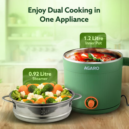 AGARO Regency Multipurpose Kettle With Steamer, 1.2L Inner Pot, Double Layered Body, Variable Temperature Settings, Wide Mouth, Boiling, Steaming, Tea, Coffee, Egg, Vegetable Boiling, 600W, Sea Green