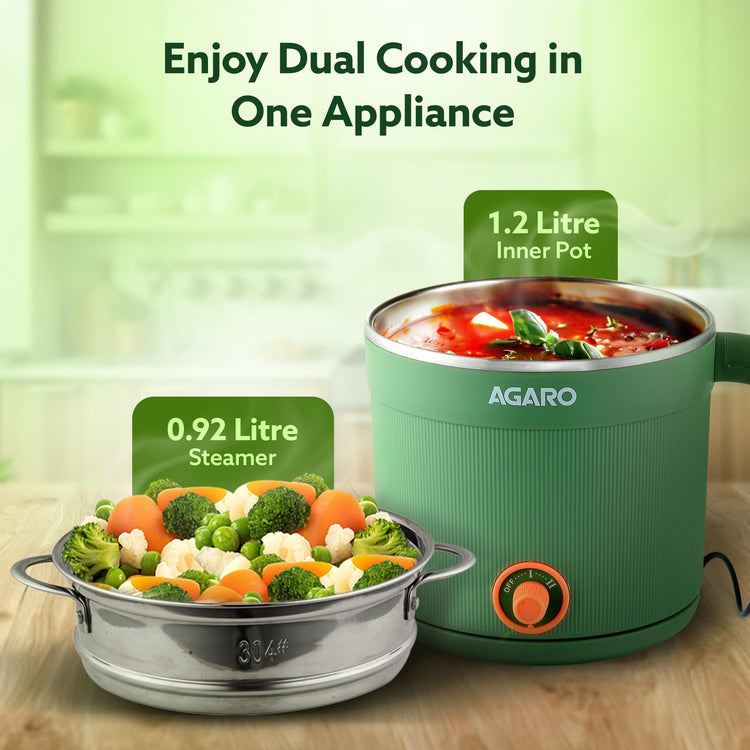 AGARO Regency Multipurpose Kettle With Steamer, 1.2L Inner Pot, Double Layered Body, Variable Temperature Settings, Wide Mouth, Boiling, Steaming, Tea, Coffee, Egg, Vegetable Boiling, 600W, Sea Green