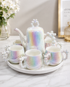 Imported Luxury Ceramic Tea Kettle Set with 6 Cups & 360° Rotating Serving Tray | Premium Iridescent Porcelain Tea Set for Home, Office & Gifting-Black Tint & White