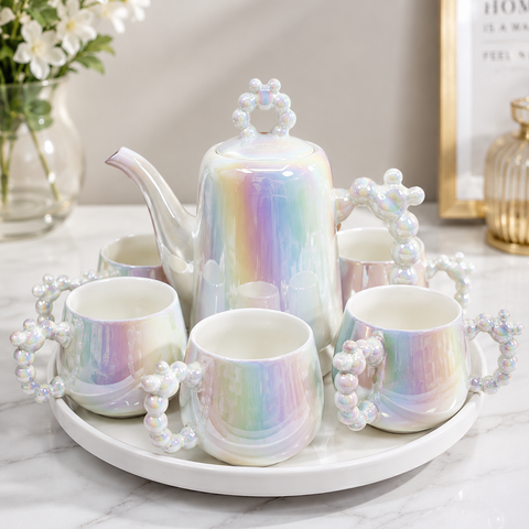 Imported Luxury Ceramic Tea Kettle Set with 6 Cups & 360° Rotating Serving Tray | Premium Iridescent Porcelain Tea Set for Home, Office & Gifting-Black Tint & White