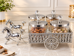 Luxury Horse Carriage Dry Fruit Box Set with 4 Transparent Glass Jars & Stainless Steel Lids | Royal Decorative Dry Fruit Serving Set | Premium Festive & Wedding Gift
