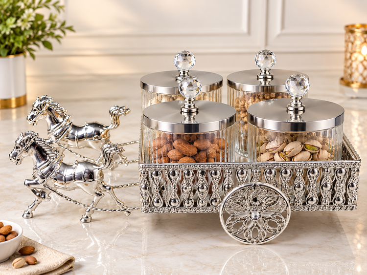Luxury Horse Carriage Dry Fruit Box Set with 4 Transparent Glass Jars & Stainless Steel Lids | Royal Decorative Dry Fruit Serving Set | Premium Festive & Wedding Gift