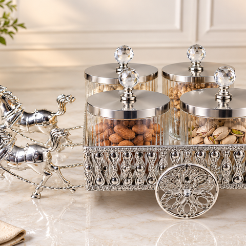 Luxury Horse Carriage Dry Fruit Box Set with 4 Transparent Glass Jars & Stainless Steel Lids | Royal Decorative Dry Fruit Serving Set | Premium Festive & Wedding Gift