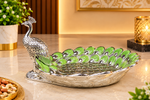 Luxury Peacock Dry Fruit Bowl | Silver Finish Decorative Dry Fruit Serving Tray with Green Enamel Detailing | Premium Tabletop Gift &amp; Home Décor