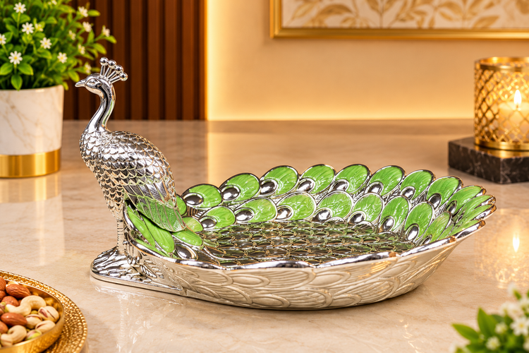 Luxury Peacock Dry Fruit Bowl | Silver Finish Decorative Dry Fruit Serving Tray with Green Enamel Detailing | Premium Tabletop Gift &amp; Home Décor