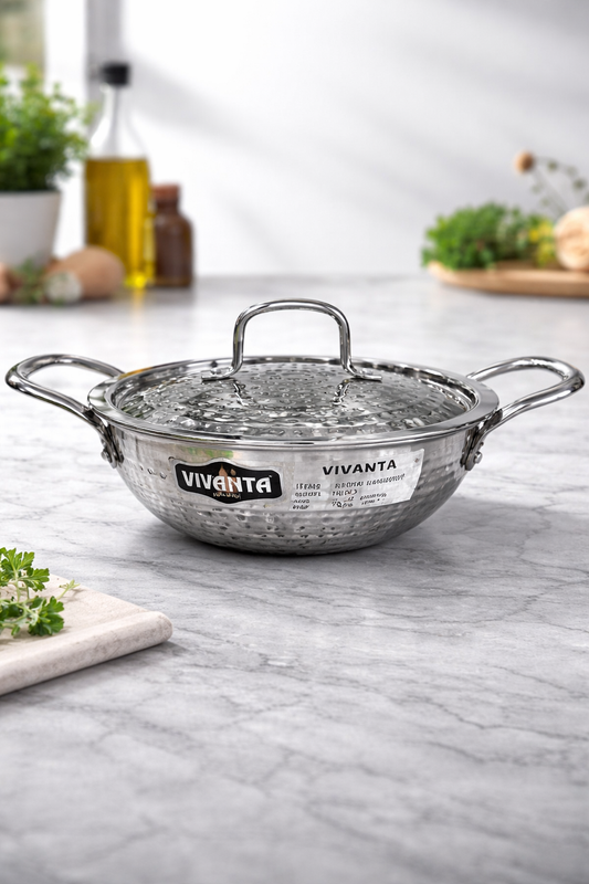Vivanta 20cm Triply Stainless Steel Kadhai (2 Litre) with Glass Lid | Hammered Finish | Induction & Gas Compatible | Heavy Bottom Cookware