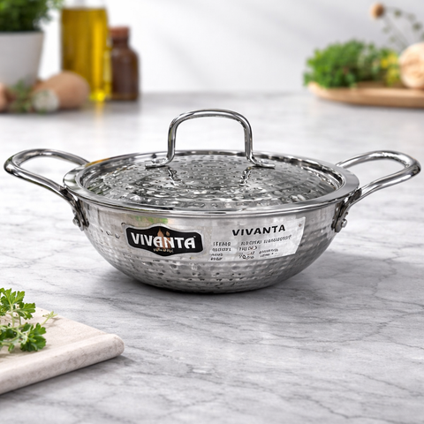 Vivanta 20cm Triply Stainless Steel Kadhai (2 Litre) with Glass Lid | Hammered Finish | Induction & Gas Compatible | Heavy Bottom Cookware