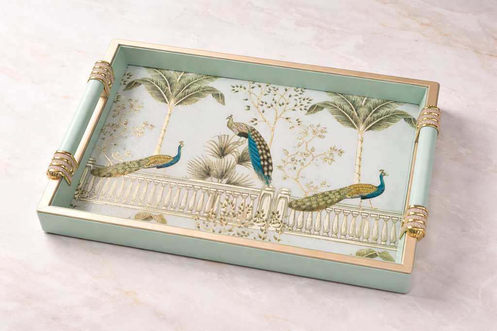 Luxury 4-Piece Wooden Leather Tray Set | Includes Cutlery Holder, Tissue Holder & 2 Trays | Enamel Coated Waterproof Peacock Design