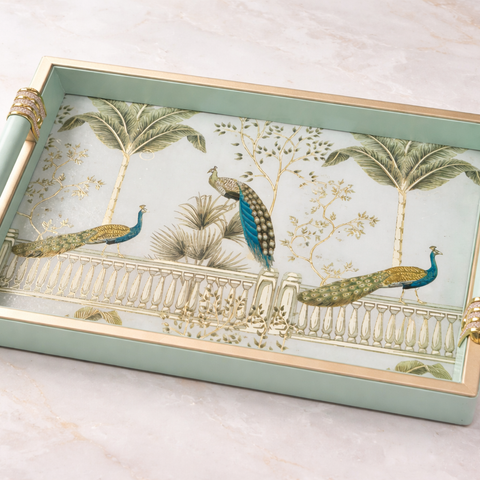 Luxury 4-Piece Wooden Leather Tray Set | Includes Cutlery Holder, Tissue Holder & 2 Trays | Enamel Coated Waterproof Peacock Design