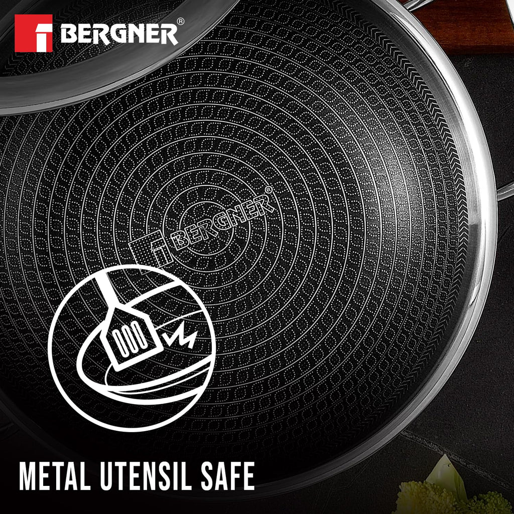 BERGNER Hi-Tech Giro Triply Kadai with Glass Lid 32cm (5.8L), Honeycomb Mesh Non-Stick Coating, PFOA Free, Consumes Less Oil, Healthy Cooking, Even Heat Distribution - Induction and Gas Stove Ready
