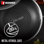 BERGNER Hi-Tech Giro Triply Kadai with Glass Lid 32cm (5.8L), Honeycomb Mesh Non-Stick Coating, PFOA Free, Consumes Less Oil, Healthy Cooking, Even Heat Distribution - Induction and Gas Stove Ready