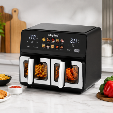 Skyline Digital Dual Basket Air Fryer 10L (5L + 5L) | 2400W | Digital Touch Control | Independent Cooking | See-Through Glass Windows | 80–200°C | 1–60 Min Timer | 1 Year Warranty