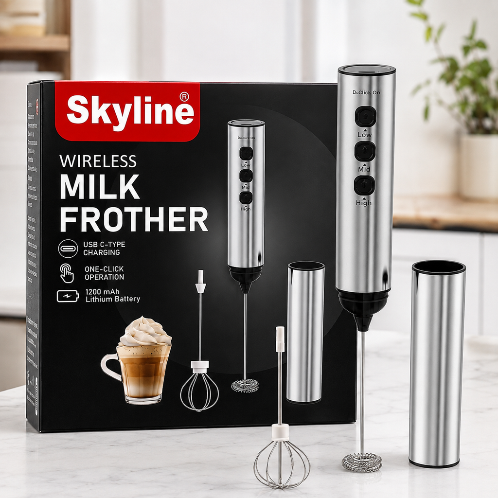 Skyline Wireless Milk Frother with 1200mAh Rechargeable Battery, 3-Speed Control, Stainless Steel Whisk & Cover, Dual Whisk Attachments, USB Type-C Charging, One-Touch Operation