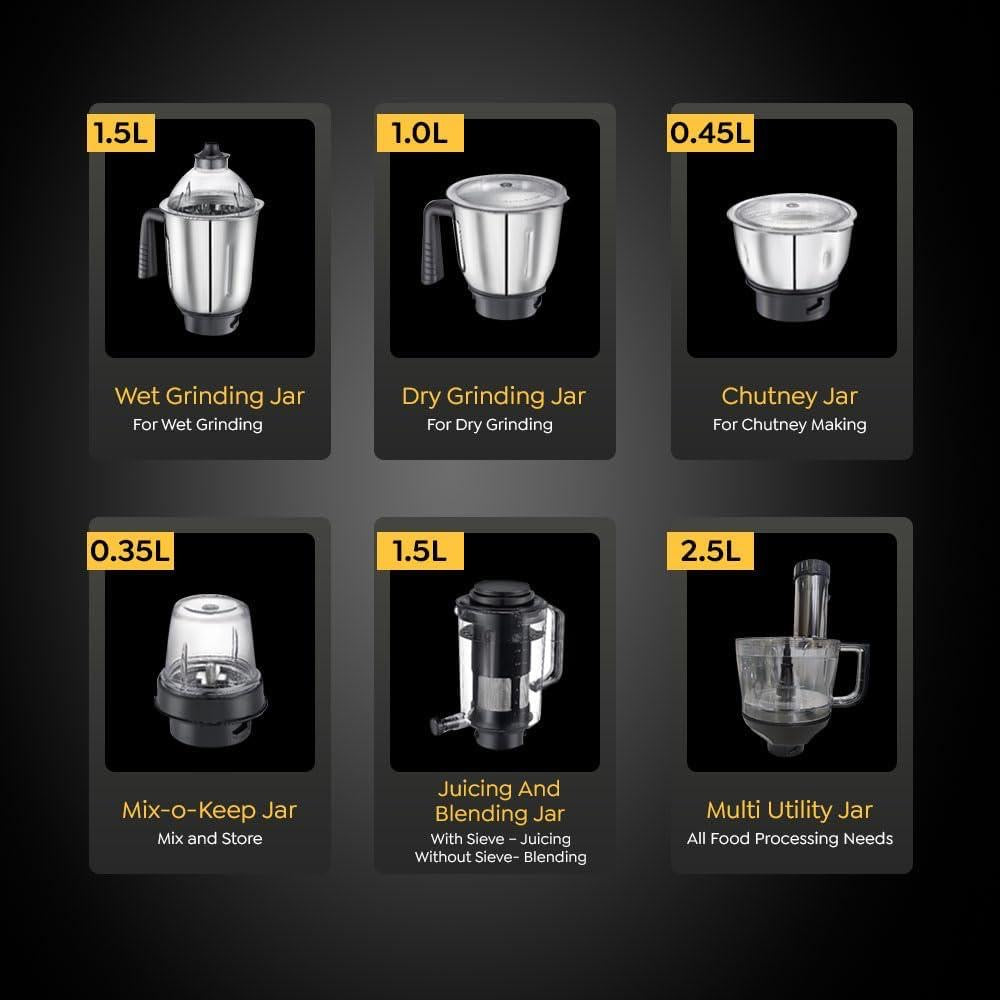 Prestige Endura Pro 1000 Watt Multi Functional Mixer Grinder | Heavy-Duty Ball Bearing Copper Motor | 6 Jars with Food Processing Attachments | 14 Functions in One | 5Y Motor Warranty