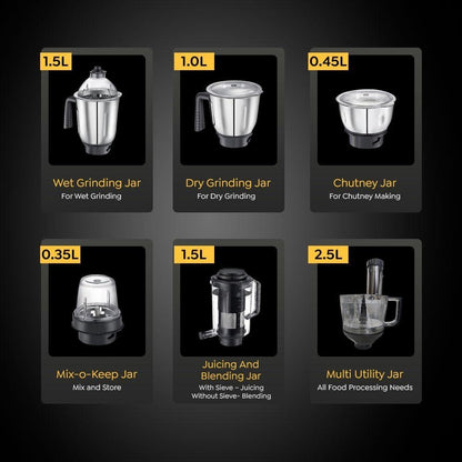 Prestige Endura Pro 1000 Watt Multi Functional Mixer Grinder | Heavy-Duty Ball Bearing Copper Motor | 6 Jars with Food Processing Attachments | 14 Functions in One | 5Y Motor Warranty