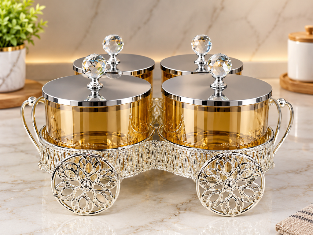 Luxury Gold-Tinted Glass Condiment Jar Set with Stainless Steel Lids & Crystal Knobs in Ornate Decorative Trolley Stand – 4 Pieces