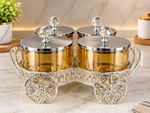 Luxury Gold-Tinted Glass Condiment Jar Set with Stainless Steel Lids & Crystal Knobs in Ornate Decorative Trolley Stand – 4 Pieces