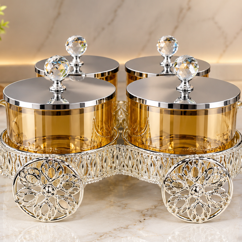 Luxury Gold-Tinted Glass Condiment Jar Set with Stainless Steel Lids & Crystal Knobs in Ornate Decorative Trolley Stand – 4 Pieces