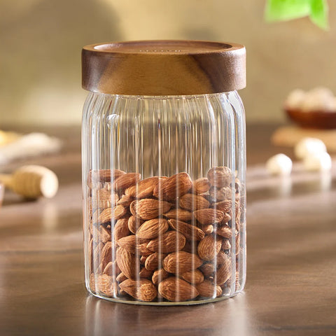 Borosil Glass Jar with Acacia Wood Lid | Borosilicate Glass Storage Jar for Dry Fruits, Spices & Snacks | Airtight Glass Container for Kitchen & Pantry-900ml