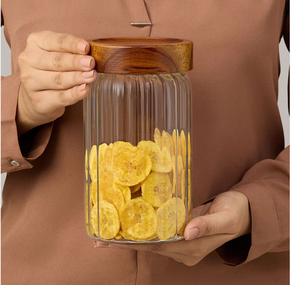 Borosil Glass Jar with Acacia Wood Lid | Borosilicate Glass Storage Jar for Dry Fruits, Spices & Snacks | Airtight Glass Container for Kitchen & Pantry-1200ml