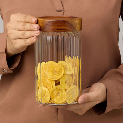 Borosil Glass Jar with Acacia Wood Lid | Borosilicate Glass Storage Jar for Dry Fruits, Spices & Snacks | Airtight Glass Container for Kitchen & Pantry-1200ml