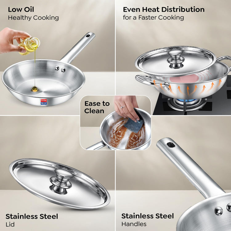 Prestige TRIPLY 4 Pc Cookware Set | TRIPLY Splendid | Fry Pan 22cm/1.9L | Kadai 22cm/2.5L | Sauce Pan 14cm/1.3L | SS Lid 24cm | Gas & Induction Compatible | Even Heat Distribution | 15Y Warranty | ISI