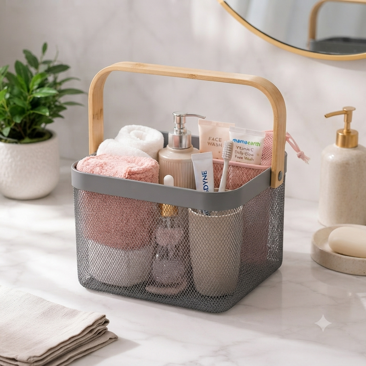 Premium Multipurpose Metal Mesh Storage Basket with Wooden Handle | Fruit Basket, Bathroom Organizer, Kitchen Counter Basket, Vegetable & Utility Storage- Grey