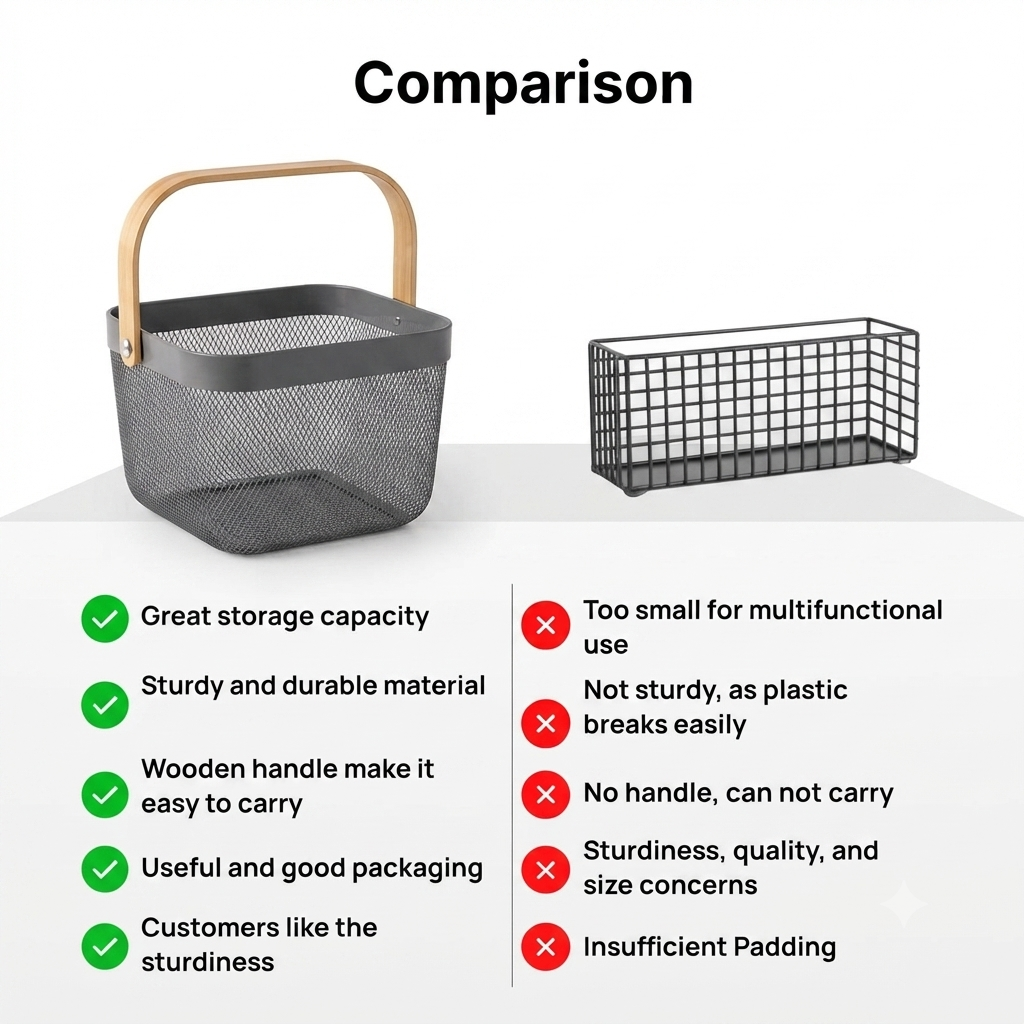 Premium Multipurpose Metal Mesh Storage Basket with Wooden Handle | Fruit Basket, Bathroom Organizer, Kitchen Counter Basket, Vegetable & Utility Storage- Grey