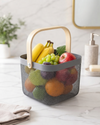 Premium Multipurpose Metal Mesh Storage Basket with Wooden Handle | Fruit Basket, Bathroom Organizer, Kitchen Counter Basket, Vegetable & Utility Storage- Grey