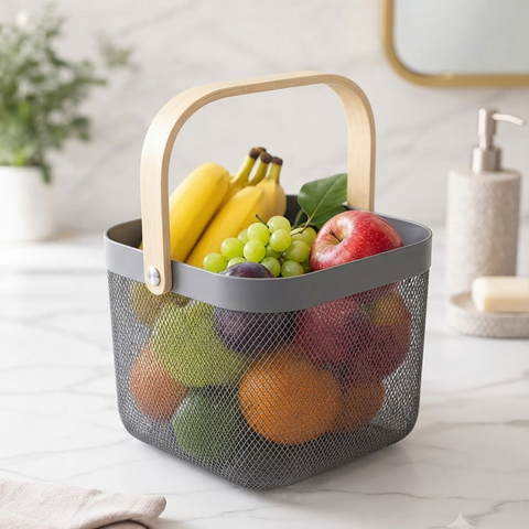 Premium Multipurpose Metal Mesh Storage Basket with Wooden Handle | Fruit Basket, Bathroom Organizer, Kitchen Counter Basket, Vegetable & Utility Storage- Grey