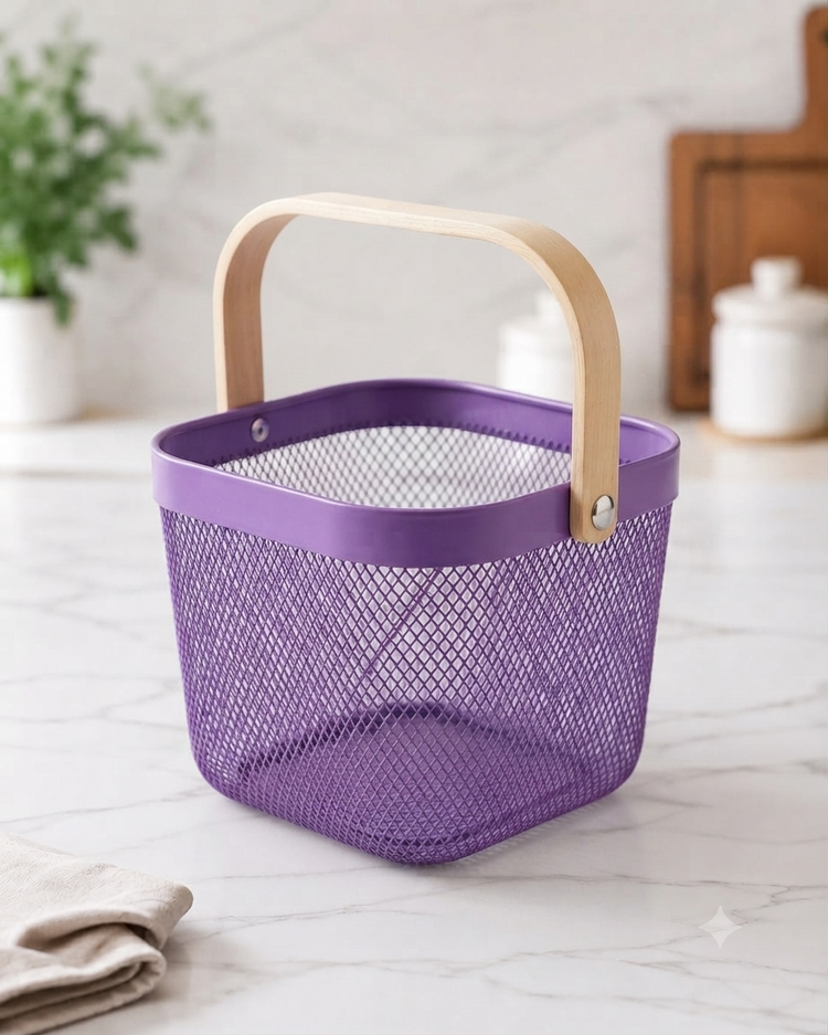 Premium Multipurpose Metal Mesh Storage Basket with Wooden Handle | Fruit Basket, Bathroom Organizer, Kitchen Counter Basket, Vegetable & Utility Storage- Purple
